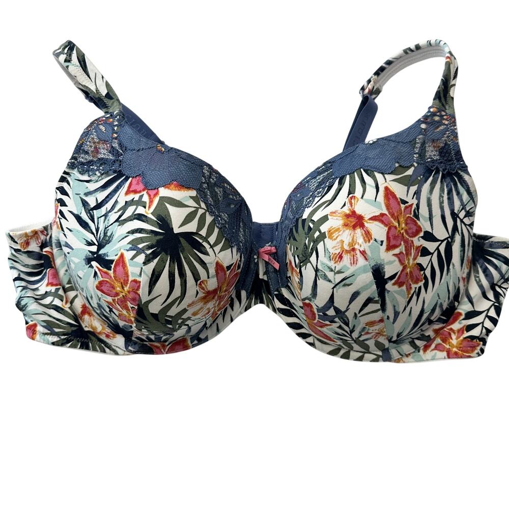 Cacique Lightly Lined T-Shirt Bra 44C Tropical Floral Palm Lace Trim Blue Multi